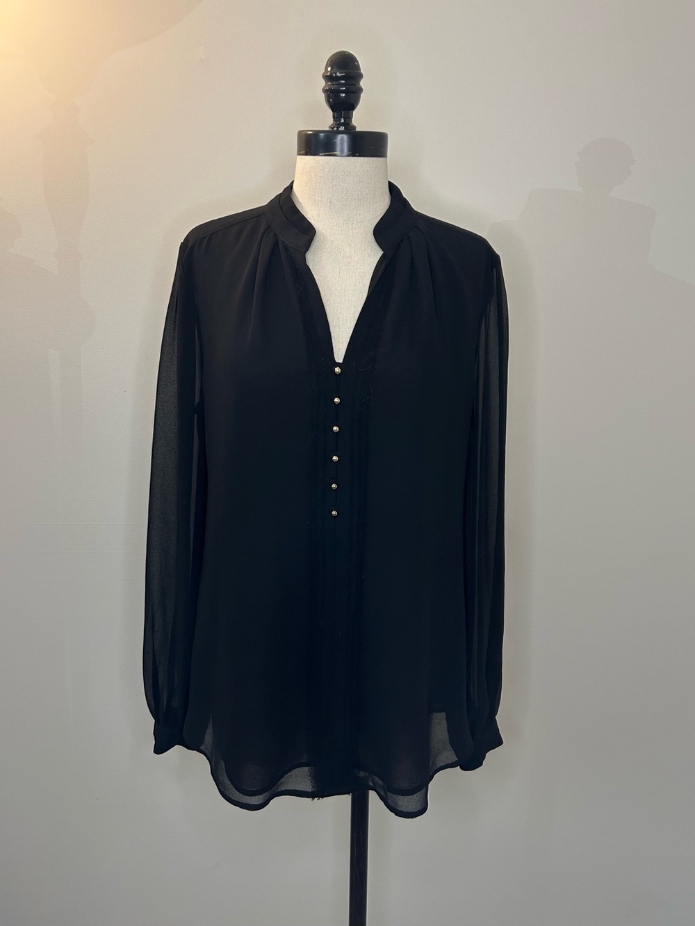 White House Black Market Black Semi-Sheer Button Placket Blouse Womens 10